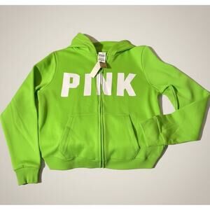 Victoria's Secret PINK Neon Green Full-Zip Hoodie - White Logo - Small